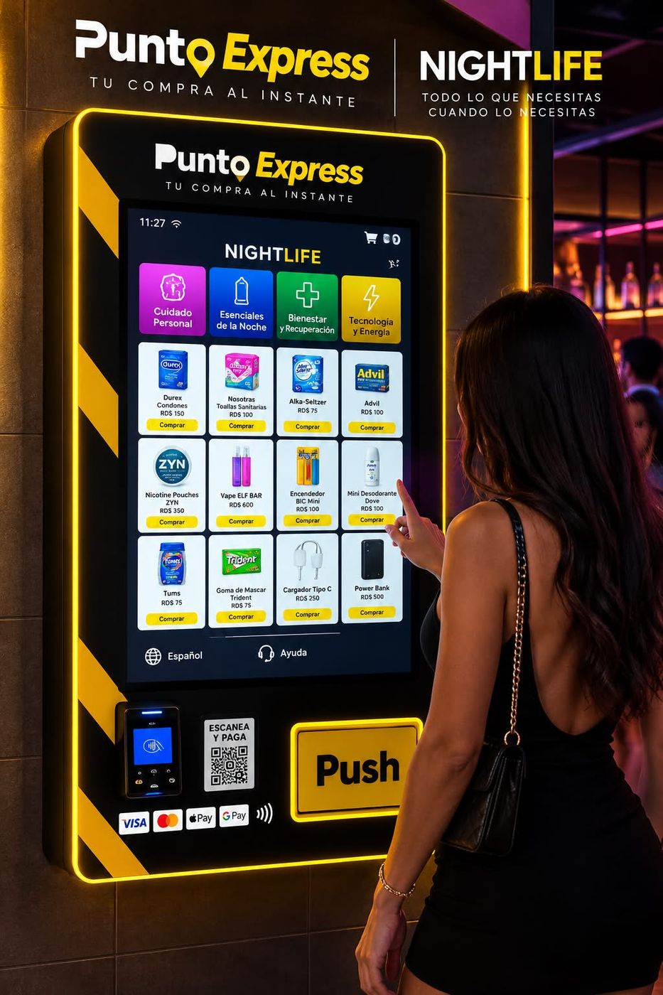 Máquina Punto Express edición Nightlife en un bar, con categorías para la noche