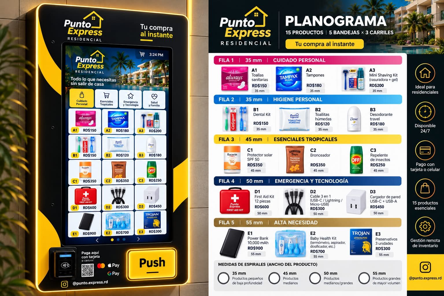 Máquina Punto Express Residencial junto a su planograma de 15 productos