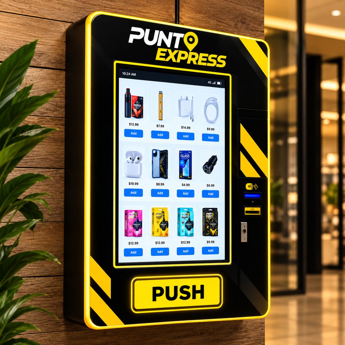 Máquina Punto Express de pared con catálogo de accesorios en pantalla