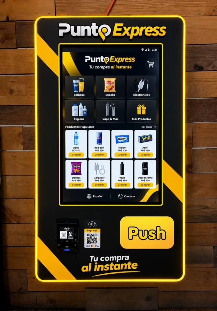 Máquina Punto Express de pared con pantalla táctil, categorías de productos y botón Push