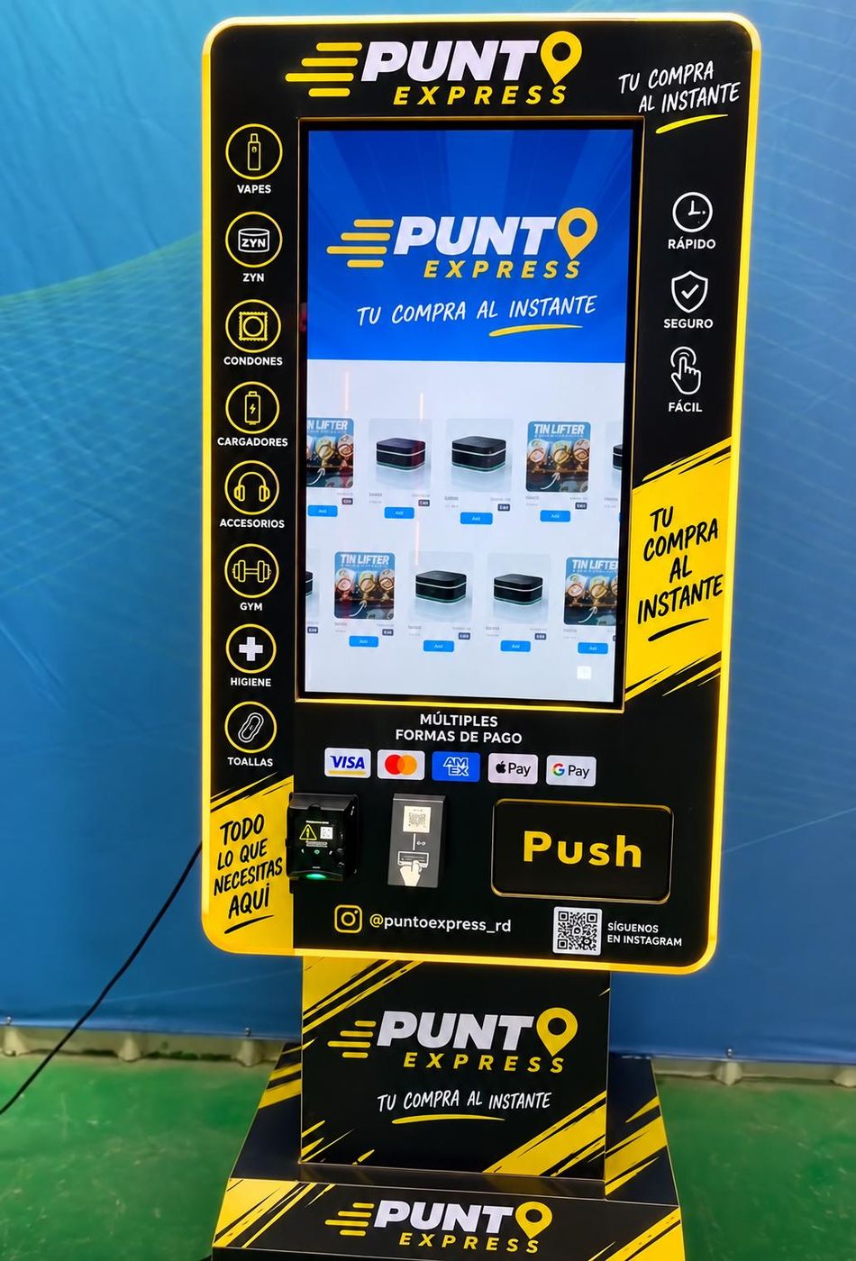 Quiosco de pie Punto Express con pantalla y múltiples formas de pago
